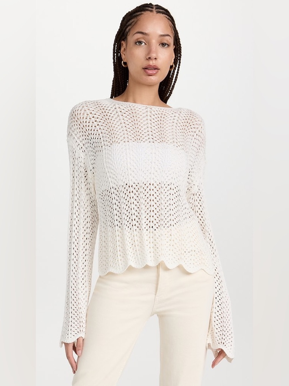 Z Supply Donovan Crochet Knit Scallop Hem White Beachy Pullover Size Large‎